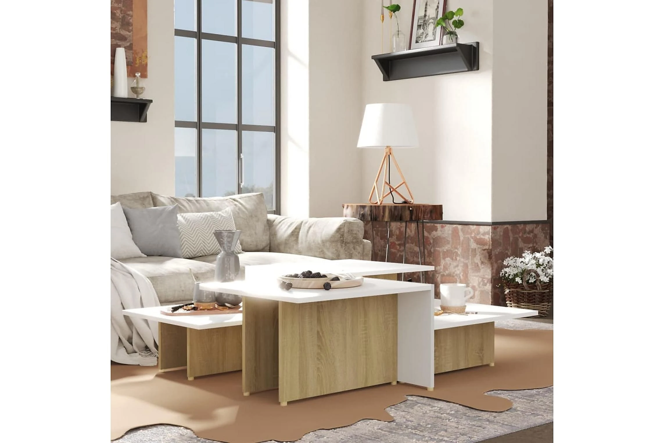 Salongbord 2 Stk Sonoma Eik Og Hvit 111,5x50x33 Cm Sponplate - Bilde 6